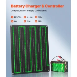 VEVOR 30W 12V Solar Panel Battery Charger, Solar Battery Trickle Charger Maintainer with Built-in Smart Controller & 3 Connection Cables, IP67 Waterproof Portable for RV Car Motorcycle Boat Van Camper