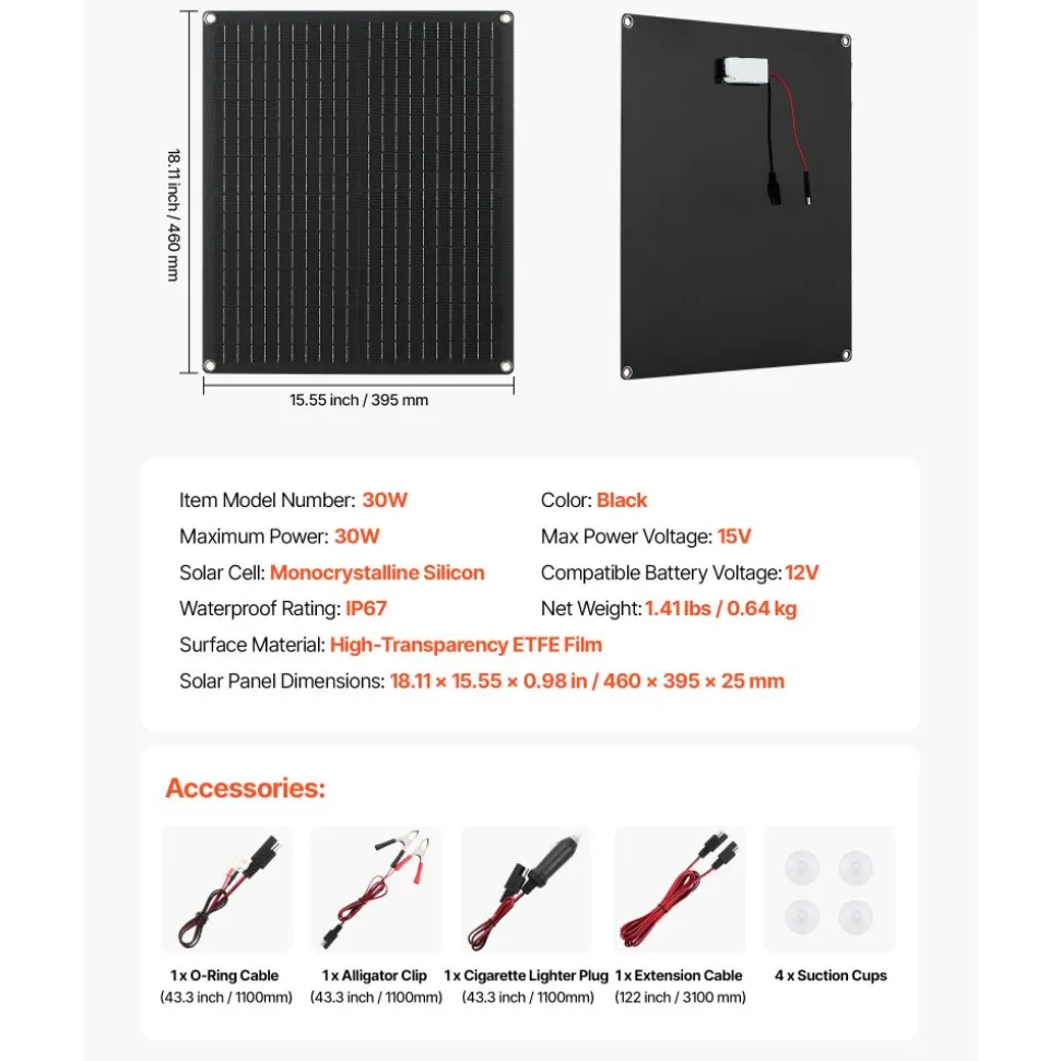 VEVOR 30W 12V Solar Panel Battery Charger, Solar Battery Trickle Charger Maintainer with Built-in Smart Controller & 3 Connection Cables, IP67 Waterproof Portable for RV Car Motorcycle Boat Van Camper