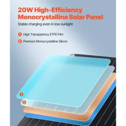 VEVOR 20W 12V Solar Panel Battery Charger, Solar Battery Trickle Charger Maintainer with Built-in Smart Controller & 3 Connection Cables, IP67 Waterproof Portable for RV Car Motorcycle Boat Van Camper