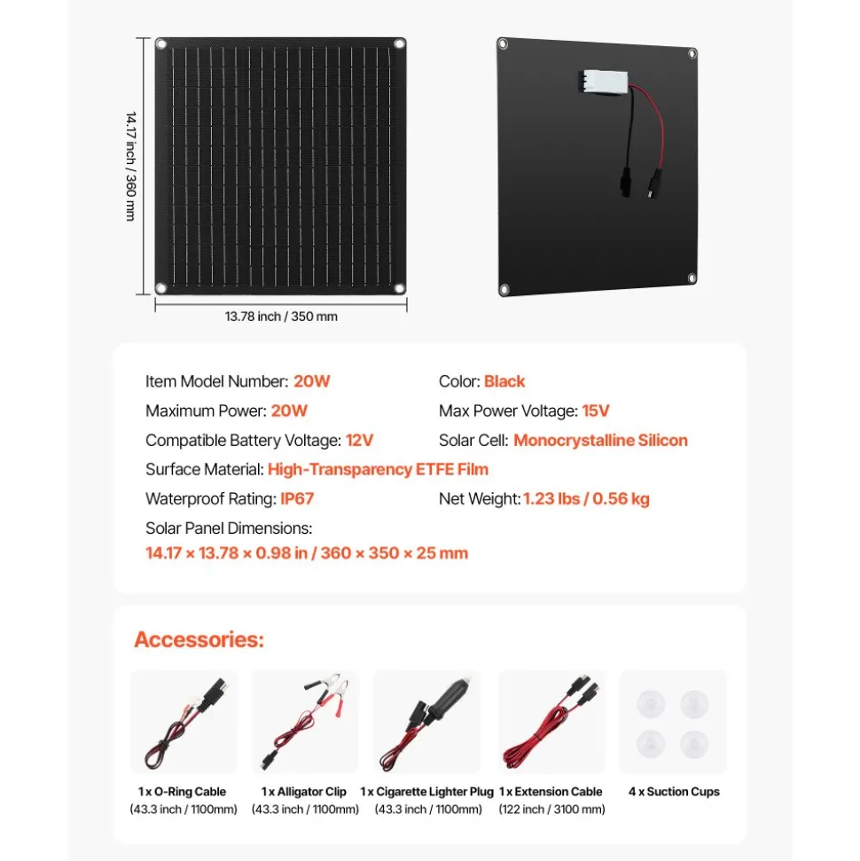 VEVOR 20W 12V Solar Panel Battery Charger, Solar Battery Trickle Charger Maintainer with Built-in Smart Controller & 3 Connection Cables, IP67 Waterproof Portable for RV Car Motorcycle Boat Van Camper