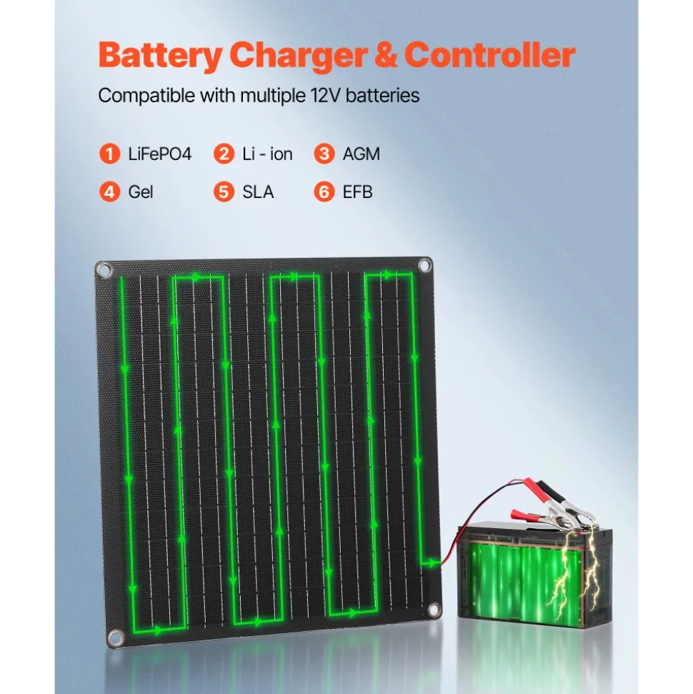 VEVOR 20W 12V Solar Panel Battery Charger, Solar Battery Trickle Charger Maintainer with Built-in Smart Controller & 3 Connection Cables, IP67 Waterproof Portable for RV Car Motorcycle Boat Van Camper