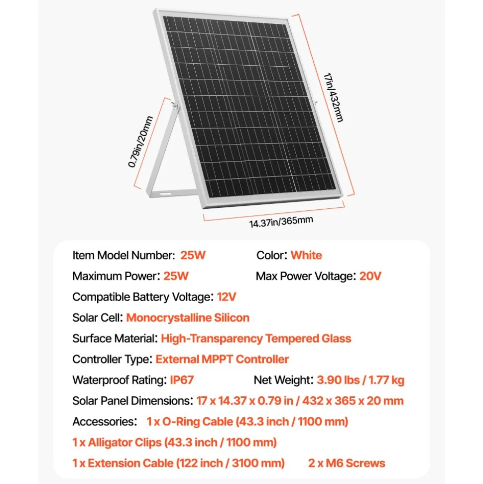 VEVOR 30W 12V Solar Panel Battery Charger, Solar Battery Trickle Charger Maintainer with Intelligent MPPT Controller & Adjustable Mount Bracket, IP67 Waterproof for Car Boat RV Motorcycle Trailer
