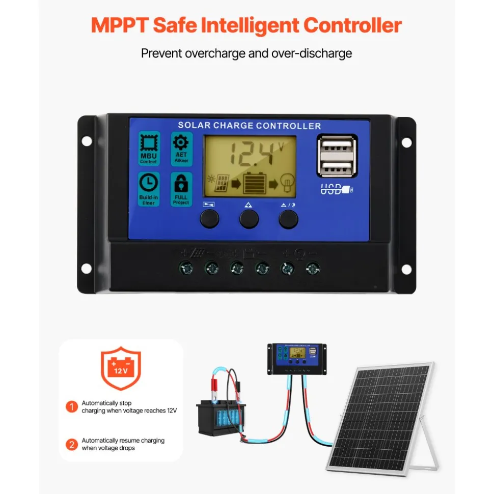 VEVOR 30W 12V Solar Panel Battery Charger, Solar Battery Trickle Charger Maintainer with Intelligent MPPT Controller & Adjustable Mount Bracket, IP67 Waterproof for Car Boat RV Motorcycle Trailer