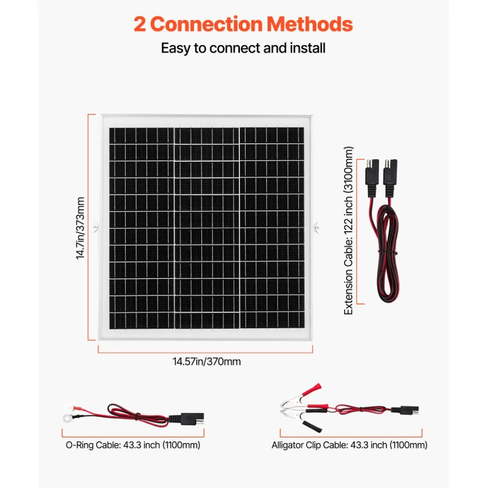 VEVOR 20W 12V Solar Panel Battery Charger, Solar Battery Trickle Charger Maintainer with Built-in Controller & 0-60° Adjustable Pole Mount Bracket, IP67 for Gate Fence Farm Lawn (Fit 1.5" - 3" Poles)