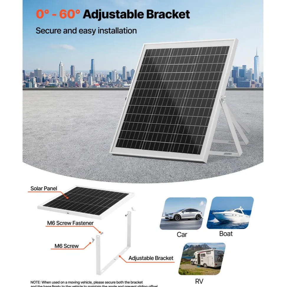 VEVOR 20W 12V Solar Panel Battery Charger, Solar Battery Trickle Charger Maintainer with Built-in Controller & 0-60° Adjustable Pole Mount Bracket, IP67 for Gate Fence Farm Lawn (Fit 1.5" - 3" Poles)