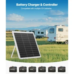 VEVOR 20W 12V Solar Panel Battery Charger, Solar Battery Trickle Charger Maintainer with Built-in Controller & 0-60° Adjustable Pole Mount Bracket, IP67 for Gate Fence Farm Lawn (Fit 1.5