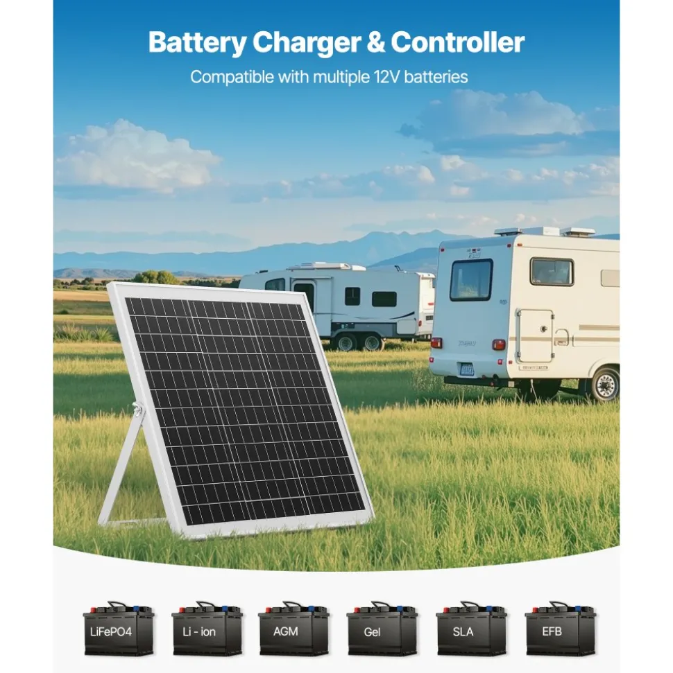VEVOR 20W 12V Solar Panel Battery Charger, Solar Battery Trickle Charger Maintainer with Built-in Controller & 0-60° Adjustable Pole Mount Bracket, IP67 for Gate Fence Farm Lawn (Fit 1.5" - 3" Poles)