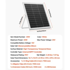 VEVOR 20W 12V Solar Panel Battery Charger, Solar Battery Trickle Charger Maintainer with Built-in Controller & 0-60° Adjustable Pole Mount Bracket, IP67 for Gate Fence Farm Lawn (Fit 1.5