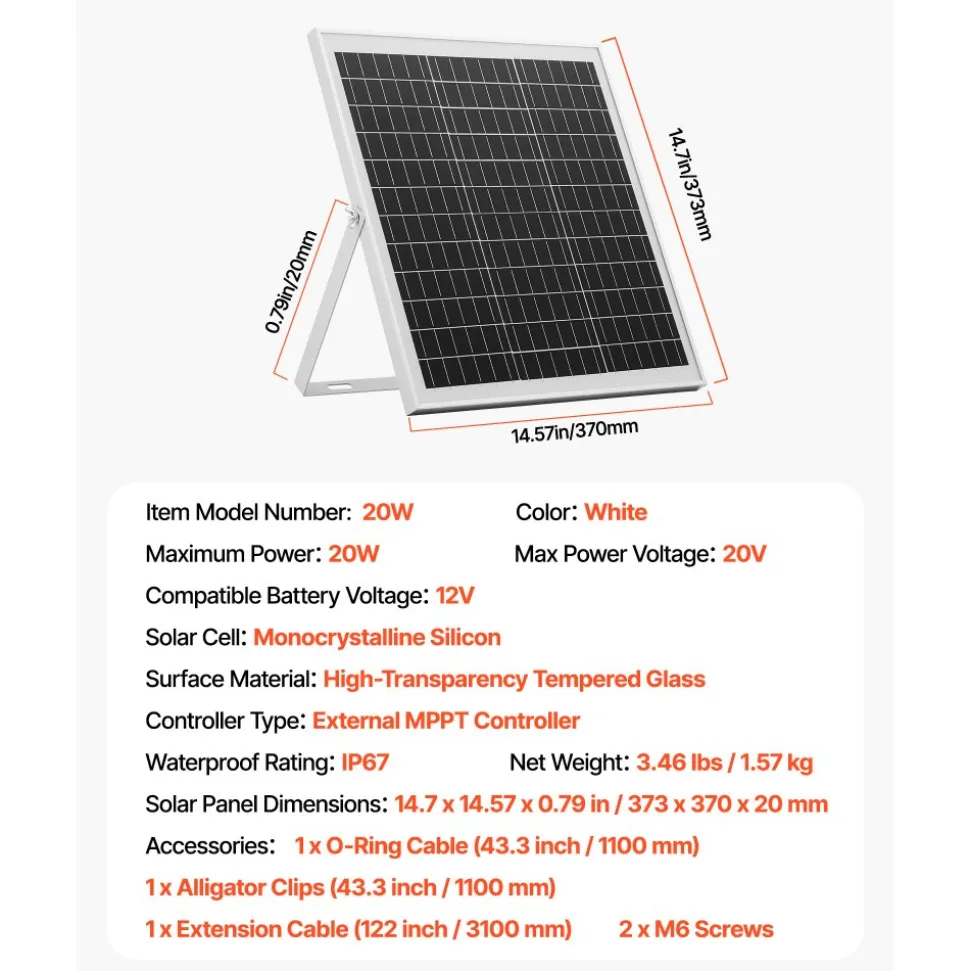 VEVOR 20W 12V Solar Panel Battery Charger, Solar Battery Trickle Charger Maintainer with Built-in Controller & 0-60° Adjustable Pole Mount Bracket, IP67 for Gate Fence Farm Lawn (Fit 1.5" - 3" Poles)