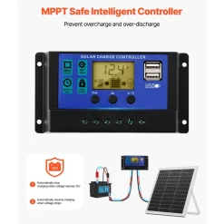 VEVOR 20W 12V Solar Panel Battery Charger, Solar Battery Trickle Charger Maintainer with Built-in Controller & 0-60° Adjustable Pole Mount Bracket, IP67 for Gate Fence Farm Lawn (Fit 1.5