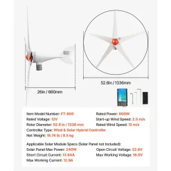 VEVOR 800W 12V Wind Turbine Generator, 5-Blade Wind Turbine Kit with MPPT Controller, High-Efficiency 3-Phase AC Permanent Wind Power Generator for RVs, Boats, Home, Farm (Tower Pole Not Included)