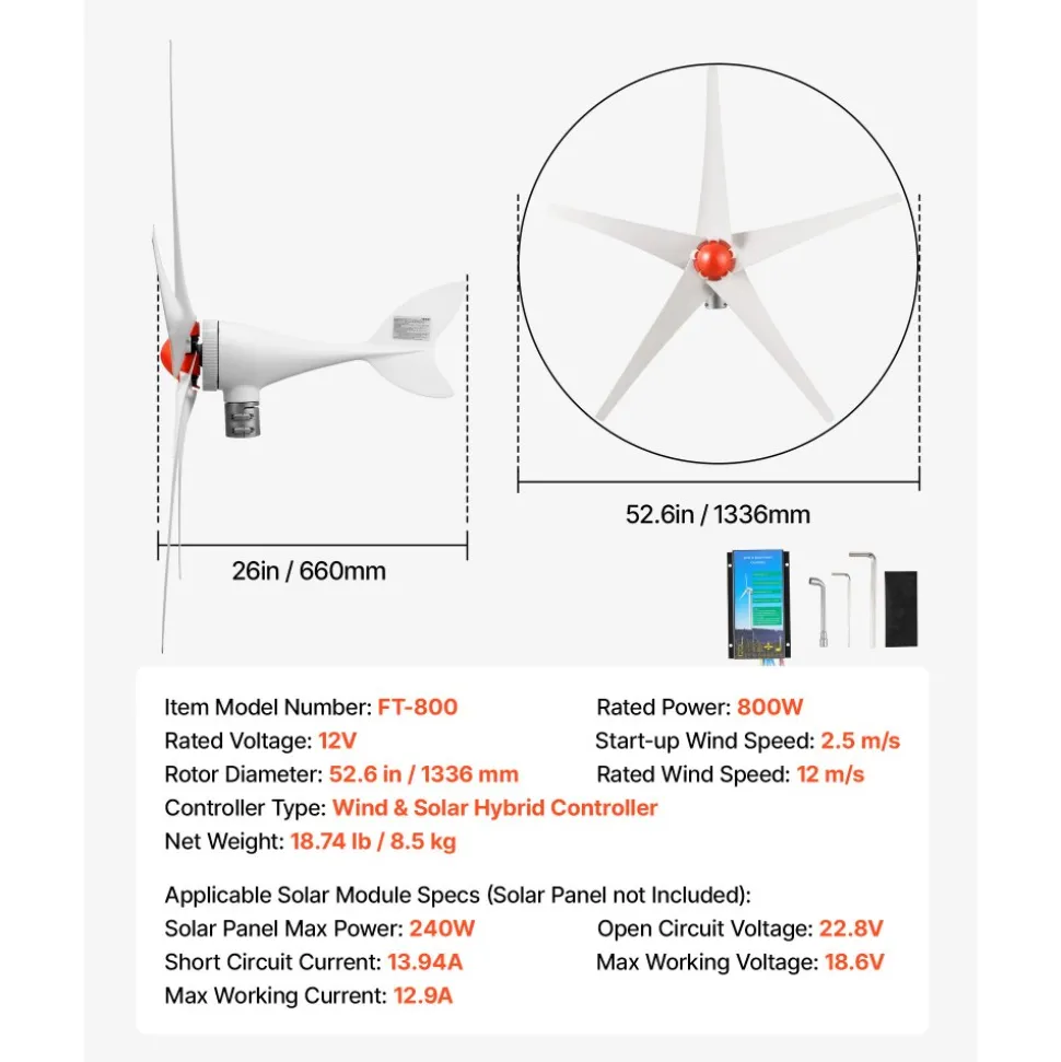 VEVOR 800W 12V Wind Turbine Generator, 5-Blade Wind Turbine Kit with MPPT Controller, High-Efficiency 3-Phase AC Permanent Wind Power Generator for RVs, Boats, Home, Farm (Tower Pole Not Included)