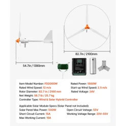 VEVOR 1000W 12V Wind Turbine Generator, 3-Blade Wind Turbine Kit with Wind/Solar Hybrid Controller, Efficient 3-Phase AC Permanent Wind Power Generator for RV Boat Home Farm (Tower Pole Not Include)