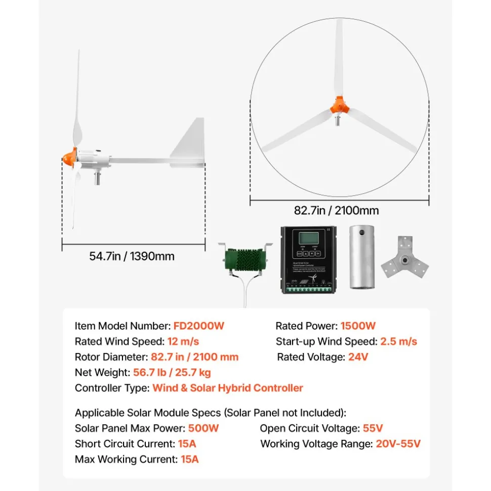 VEVOR 1000W 12V Wind Turbine Generator, 3-Blade Wind Turbine Kit with Wind/Solar Hybrid Controller, Efficient 3-Phase AC Permanent Wind Power Generator for RV Boat Home Farm (Tower Pole Not Include)