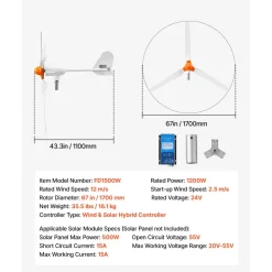 VEVOR 1200W 24V Wind Turbine Generator, 3-Blade Wind Turbine Kit with Wind/Solar Hybrid Controller, Efficient 3-Phase AC Permanent Wind Power Generator for RV Boat Home Farm (Tower Pole Not Included)