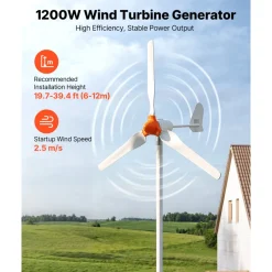 VEVOR 1200W 24V Wind Turbine Generator, 3-Blade Wind Turbine Kit with Wind/Solar Hybrid Controller, Efficient 3-Phase AC Permanent Wind Power Generator for RV Boat Home Farm (Tower Pole Not Included)