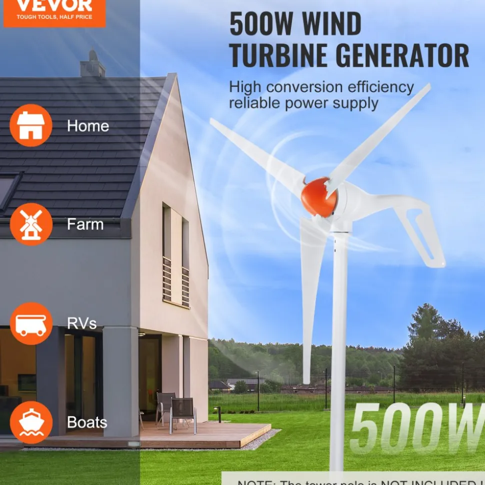 VEVOR 500W Wind Turbine Generator with Anemometer, 12V Wind Turbine Kit, 3-Blade Wind Power Generator, MPPT Controller & Adjustable Windward Direction, Suitable for Home, Farm, RVs, Boats