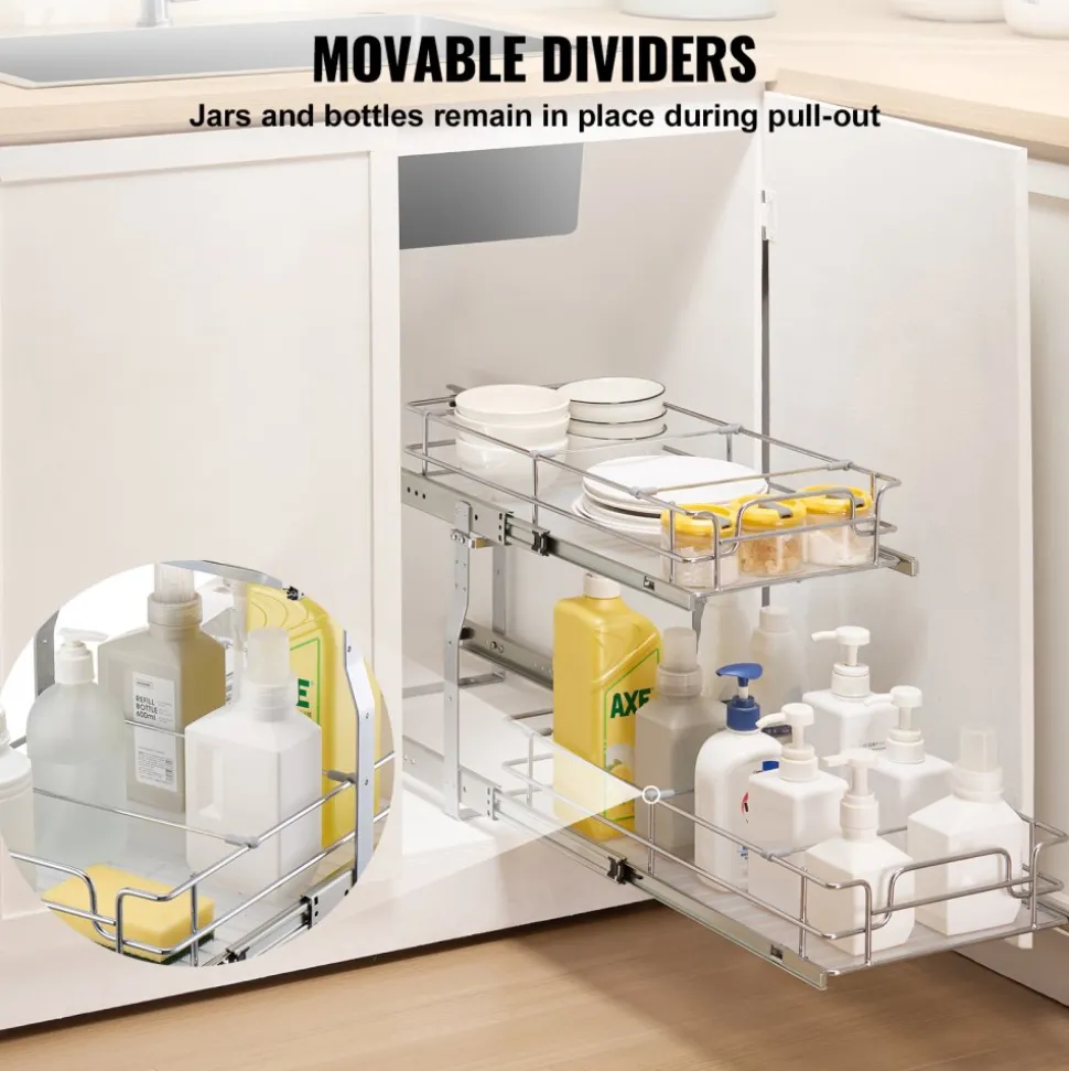 VEVOR 8.5"Wx21"Dx15"H Pull Out Cabinet Organizer, Heavy Duty Slide Out Pantry Shelves, Steel Roll Out Drawers, Sliding Drawer Storage for Home Under Sink, 10"Wx22"Dx18"H Install Size for Cabinet
