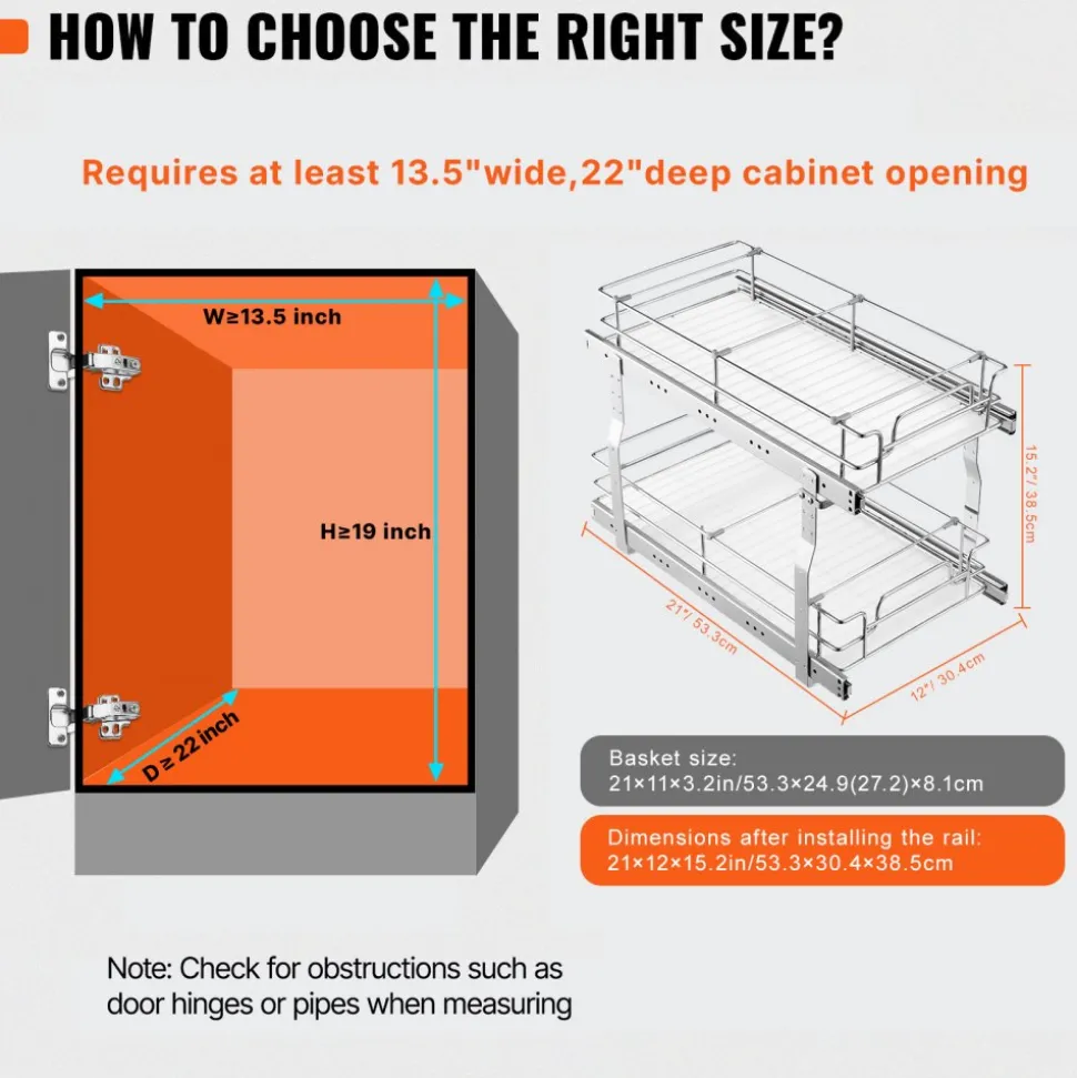 VEVOR 8.5"Wx21"Dx15"H Pull Out Cabinet Organizer, Heavy Duty Slide Out Pantry Shelves, Steel Roll Out Drawers, Sliding Drawer Storage for Home Under Sink, 10"Wx22"Dx18"H Install Size for Cabinet