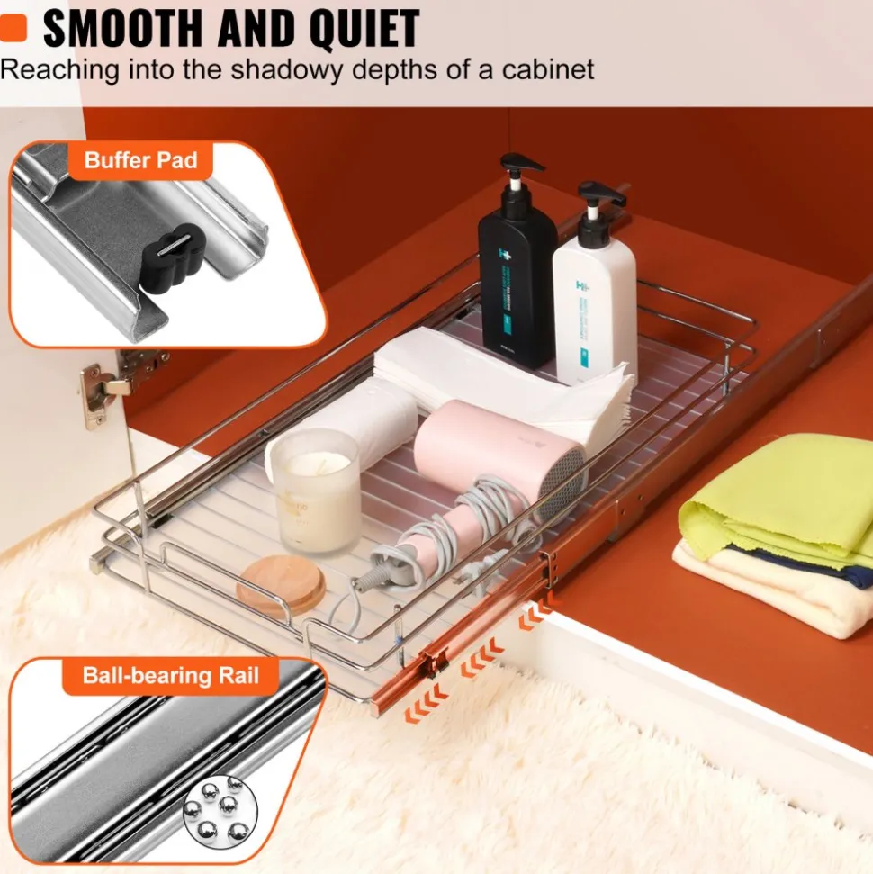 VEVOR 12.5"Wx16.5"Dx3.5"H Pull Out Cabinet Organizer, Heavy Duty Slide Out Pantry Shelves, Steel Roll Out Drawers, Sliding Drawer Storage for Home Under Sink, 14"Wx17.5"Dx7"H Install Size for Cabinet