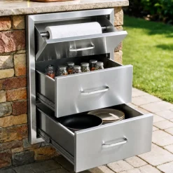 VEVOR 17W x 30H x 21D Inch Outdoor Kitchen Stainless Steel Double Access Drawers with Paper Towel Holder Combo for BBQ Island or Grill Station