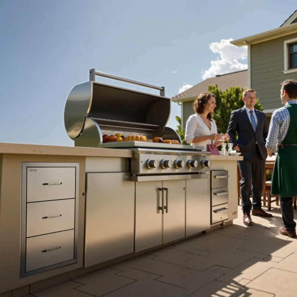VEVOR 17W x 30H x 21D Inch Outdoor Kitchen Stainless Steel Double Access Drawers with Paper Towel Holder Combo for BBQ Island or Grill Station