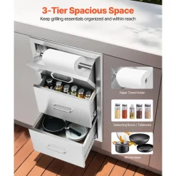 VEVOR 17W x 30H x 21D Inch Outdoor Kitchen Stainless Steel Double Access Drawers with Paper Towel Holder Combo for BBQ Island or Grill Station