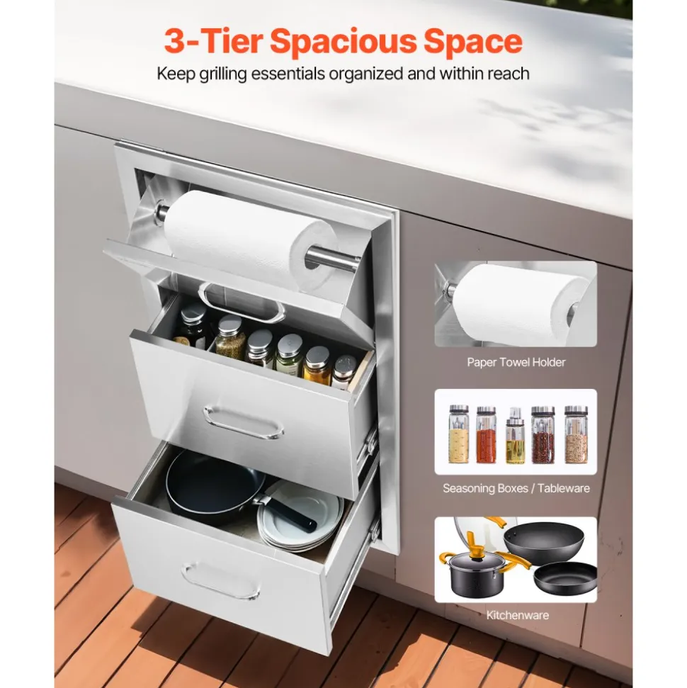 VEVOR 17W x 30H x 21D Inch Outdoor Kitchen Stainless Steel Double Access Drawers with Paper Towel Holder Combo for BBQ Island or Grill Station