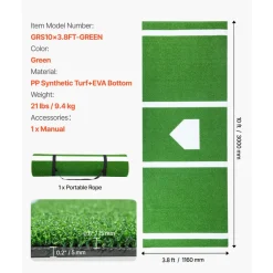 VEVOR 10x3.8 ft Baseball Softball Hitting Batting Mat, Indoor/Outdoor Anti-Slip Anti-Fade Softball Mat, Lined & Foam Backing Training Aid with Tightening Rope, Portable Practice Mats, Green