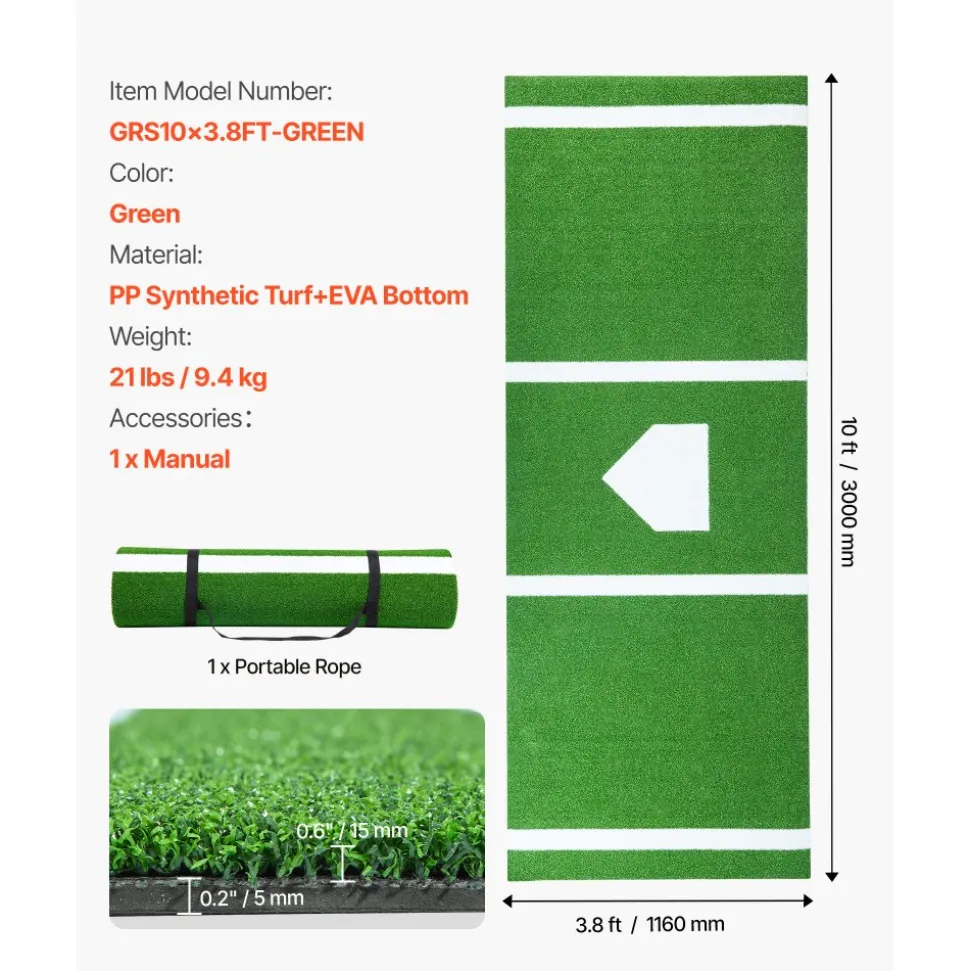 VEVOR 10x3.8 ft Baseball Softball Hitting Batting Mat, Indoor/Outdoor Anti-Slip Anti-Fade Softball Mat, Lined & Foam Backing Training Aid with Tightening Rope, Portable Practice Mats, Green