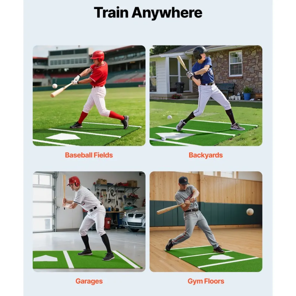 VEVOR 10x3.8 ft Baseball Softball Hitting Batting Mat, Indoor/Outdoor Anti-Slip Anti-Fade Softball Mat, Lined & Foam Backing Training Aid with Tightening Rope, Portable Practice Mats, Green