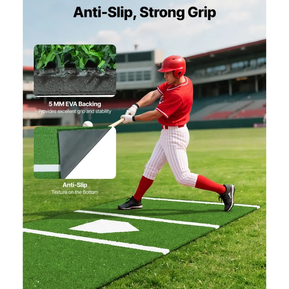 VEVOR 10x3.8 ft Baseball Softball Hitting Batting Mat, Indoor/Outdoor Anti-Slip Anti-Fade Softball Mat, Lined & Foam Backing Training Aid with Tightening Rope, Portable Practice Mats, Green