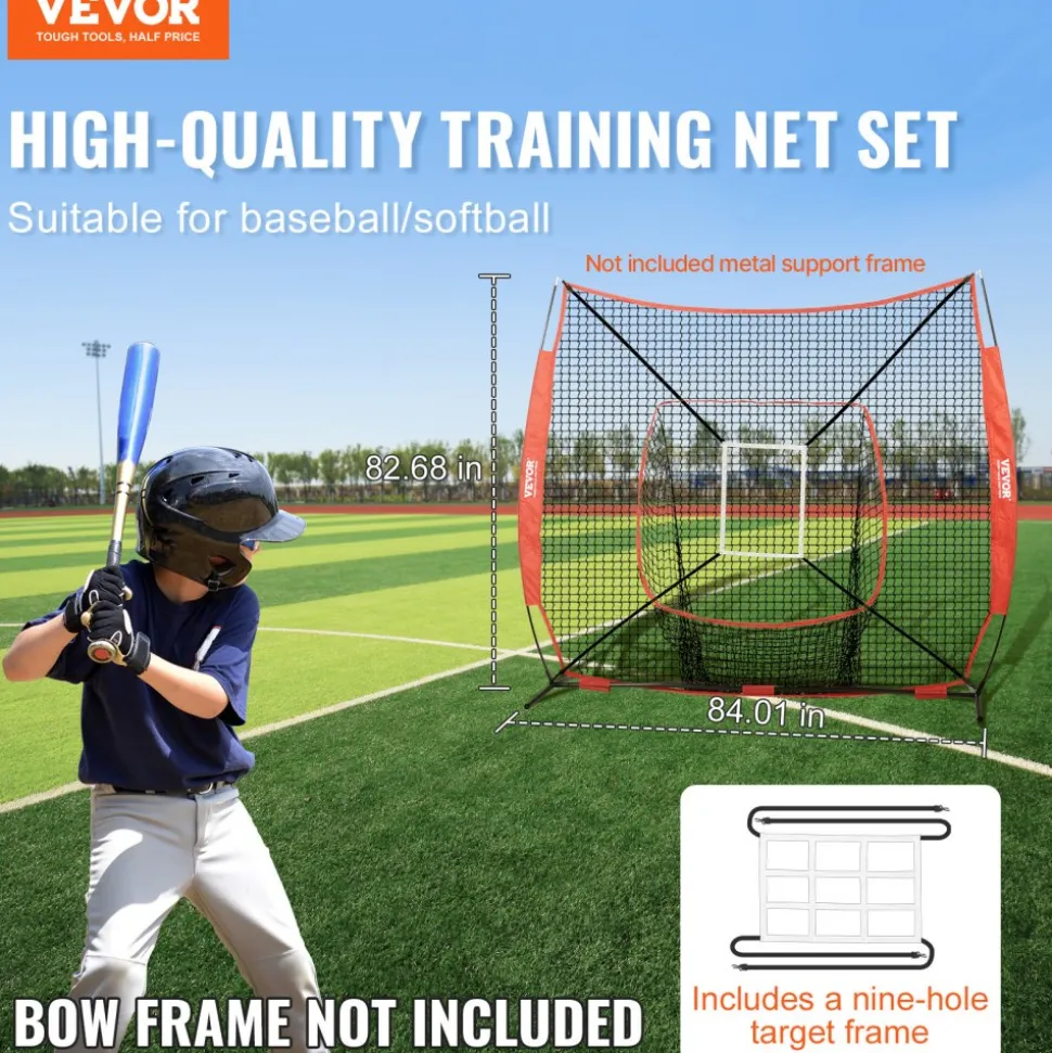 VEVOR 7x7 ft Baseball Softball Practice Net, Portable Baseball Training Net for Hitting Batting Catching Pitching, Backstop Baseball Equipment Training Aids with Strike Zone (Net Only)