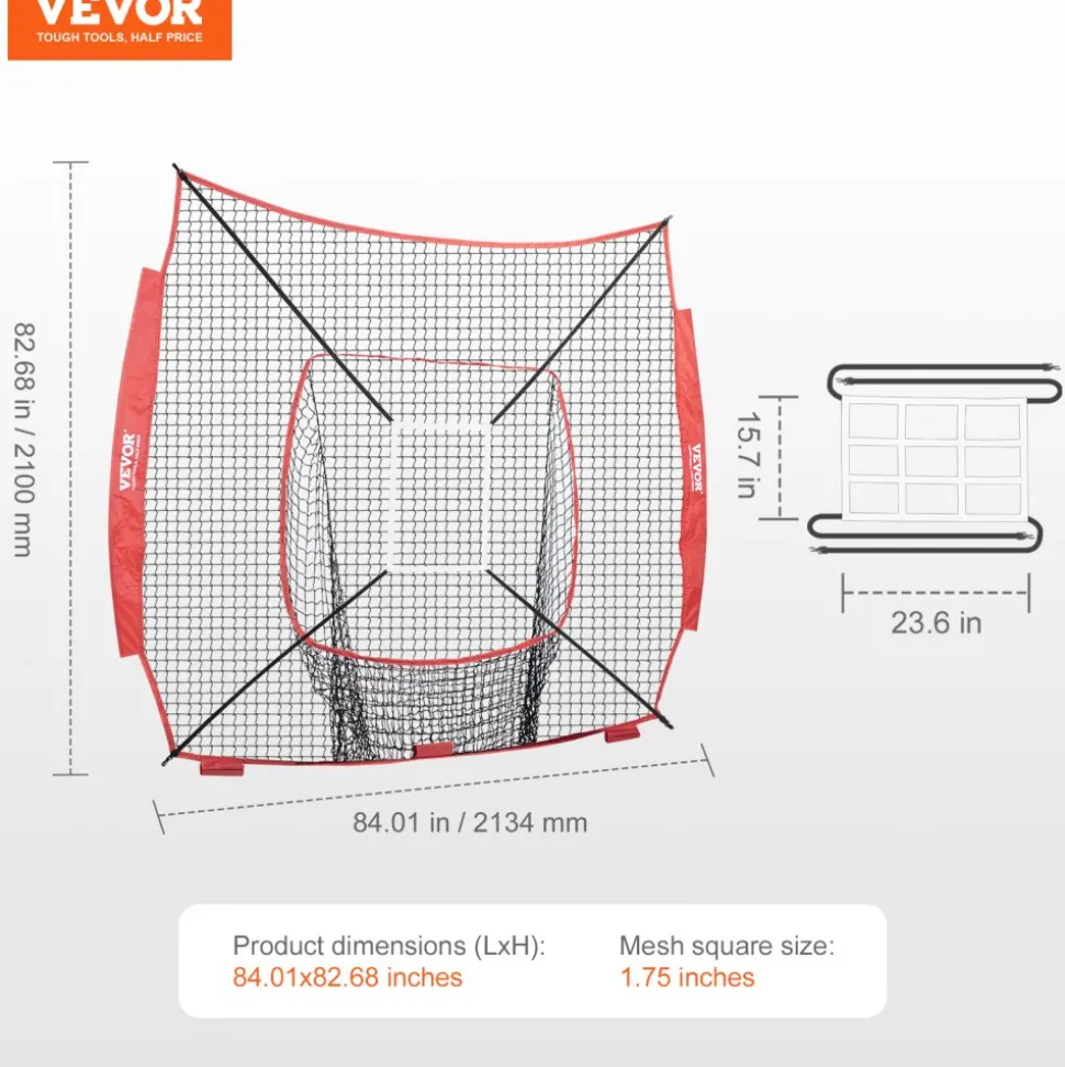 VEVOR 7x7 ft Baseball Softball Practice Net, Portable Baseball Training Net for Hitting Batting Catching Pitching, Backstop Baseball Equipment Training Aids with Strike Zone (Net Only)