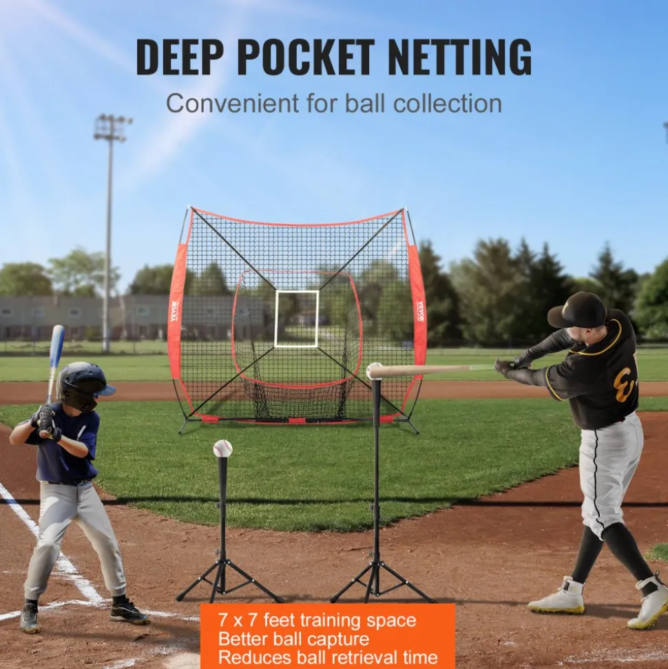 VEVOR 7x7 ft Baseball Softball Practice Net, Portable Baseball Training Net for Hitting Batting Catching Pitching, Backstop Baseball Equipment Training Aids with Strike Zone (Net Only)