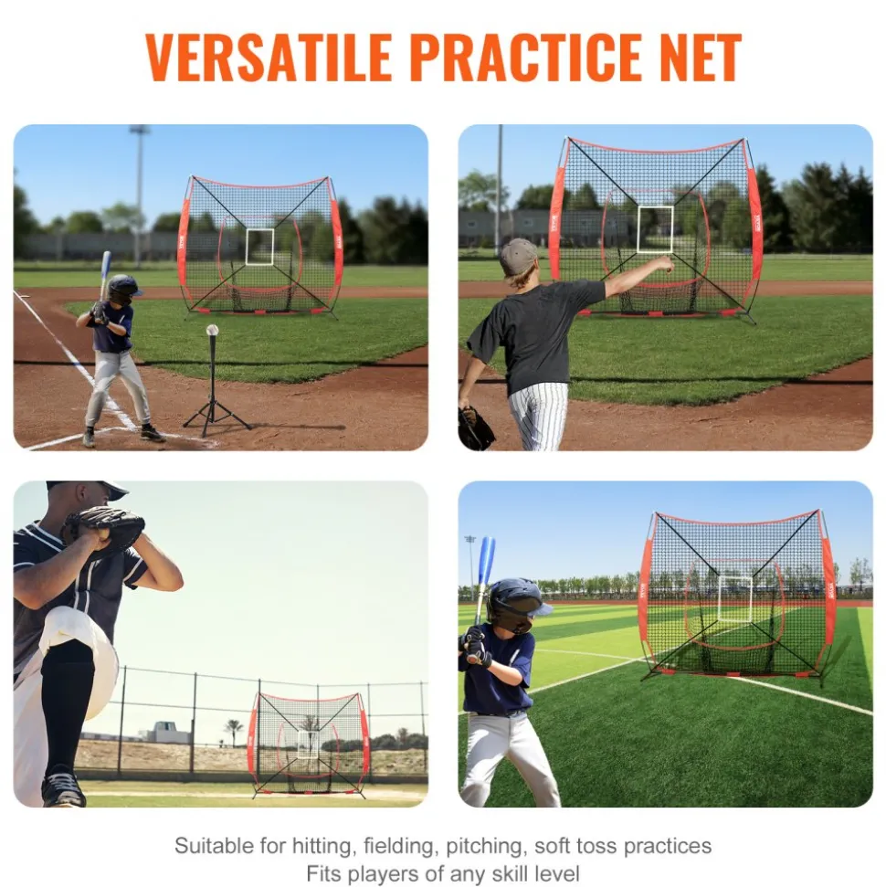 VEVOR 7x7 ft Baseball Softball Practice Net, Portable Baseball Training Net for Hitting Batting Catching Pitching, Backstop Baseball Equipment Training Aids with Strike Zone (Net Only)