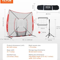 VEVOR 7x7 ft Baseball Softball Practice Net, Portable Baseball Training Net for Hitting Batting Catching Pitching, Backstop Baseball Equipment with Bow Frame, Carry Bag, Strike Zone, Ball, Batting Tee