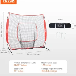 VEVOR 7x7 ft Baseball Softball Practice Net, Portable Baseball Training Net for Hitting Batting Catching Pitching, Backstop Baseball Equipment Training Aids with Carry Bag and Strike Zone