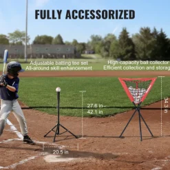 VEVOR 7x7 ft Baseball Softball Practice Net, Portable Baseball Training Net for Hitting Catching Pitching, Backstop Equipment with Bow Frame, Carry Bag, Strike Zone, 12 Balls, Tee, and Ball Collector