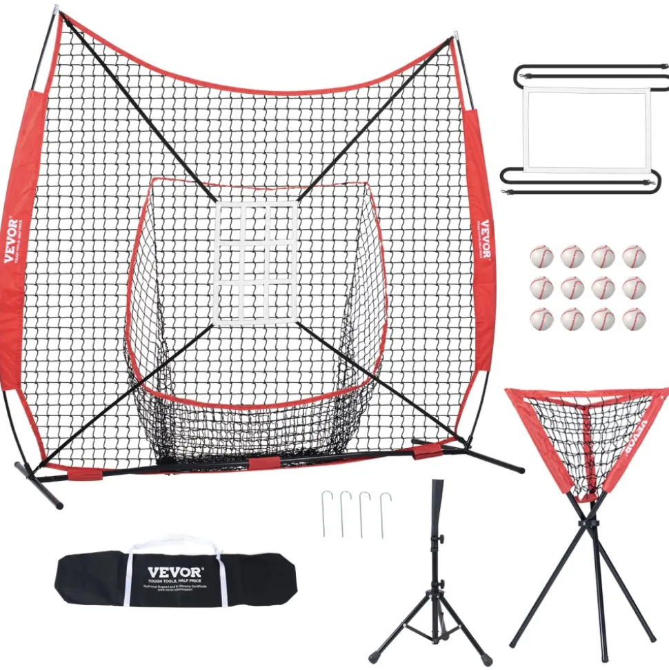 VEVOR 7x7 ft Baseball Softball Practice Net, Portable Baseball Training Net for Hitting Catching Pitching, Backstop Equipment with Bow Frame, Carry Bag, Strike Zone, 12 Balls, Tee, and Ball Collector