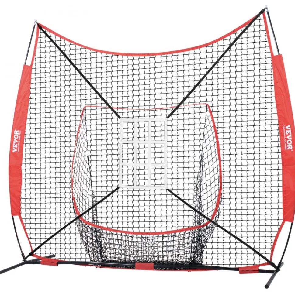 VEVOR 7x7 ft Baseball Softball Practice Net, Portable Baseball Training Net for Hitting Catching Pitching, Backstop Equipment with Bow Frame, Carry Bag, Strike Zone, 12 Balls, Tee, and Ball Collector