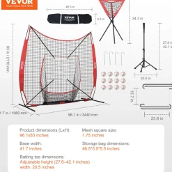 VEVOR 7x7 ft Baseball Softball Practice Net, Portable Baseball Training Net for Hitting Catching Pitching, Backstop Equipment with Bow Frame, Carry Bag, Strike Zone, 12 Balls, Tee, and Ball Collector