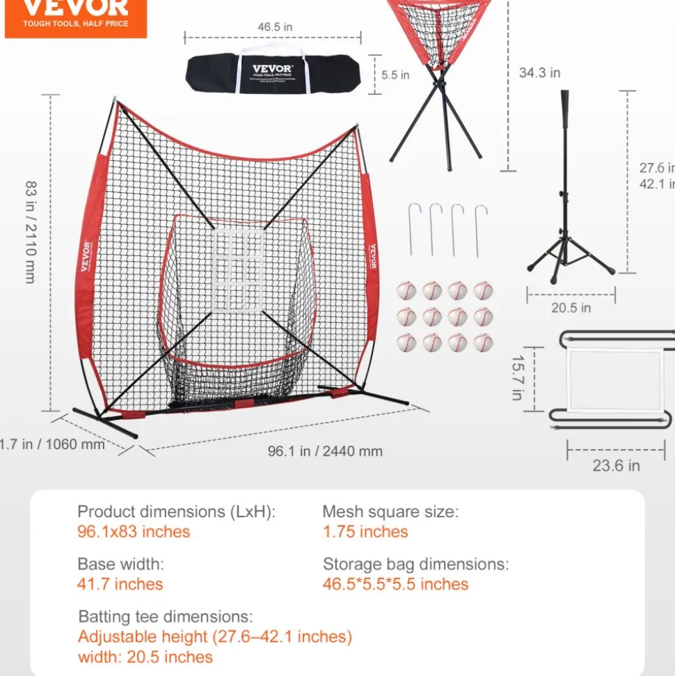 VEVOR 7x7 ft Baseball Softball Practice Net, Portable Baseball Training Net for Hitting Catching Pitching, Backstop Equipment with Bow Frame, Carry Bag, Strike Zone, 12 Balls, Tee, and Ball Collector