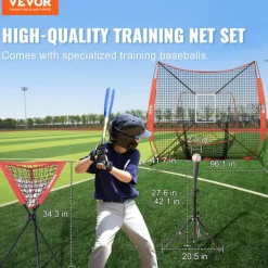 VEVOR 7x7 ft Baseball Softball Practice Net, Portable Baseball Training Net for Hitting Catching Pitching, Backstop Equipment with Bow Frame, Carry Bag, Strike Zone, 12 Balls, Tee, and Ball Collector