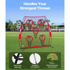 VEVOR 6 x 6 ft Football Trainer Throwing Net, Training Throwing Target Practice Net with 5 Target Pockets, Knotless Net Includes Straps and Portable Carry Case, Improve QB Throwing Accuracy, Red