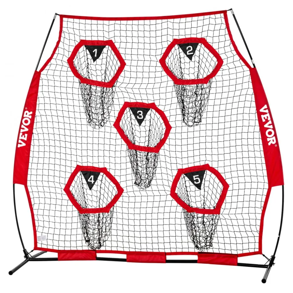 VEVOR 6 x 6 ft Football Trainer Throwing Net, Training Throwing Target Practice Net with 5 Target Pockets, Knotless Net Includes Straps and Portable Carry Case, Improve QB Throwing Accuracy, Red