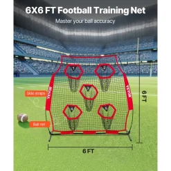 VEVOR 6 x 6 ft Football Trainer Throwing Net, Training Throwing Target Practice Net with 5 Target Pockets, Knotless Net Includes Straps and Portable Carry Case, Improve QB Throwing Accuracy, Red