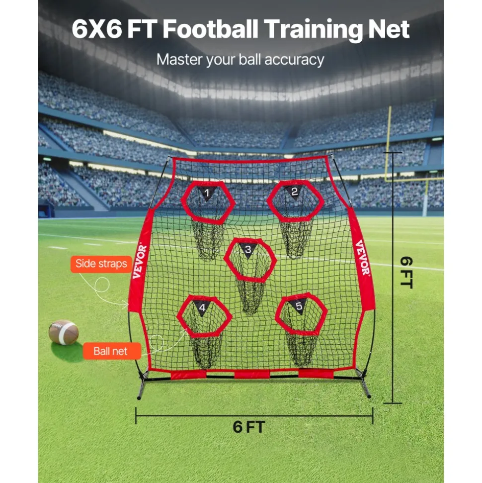 VEVOR 6 x 6 ft Football Trainer Throwing Net, Training Throwing Target Practice Net with 5 Target Pockets, Knotless Net Includes Straps and Portable Carry Case, Improve QB Throwing Accuracy, Red