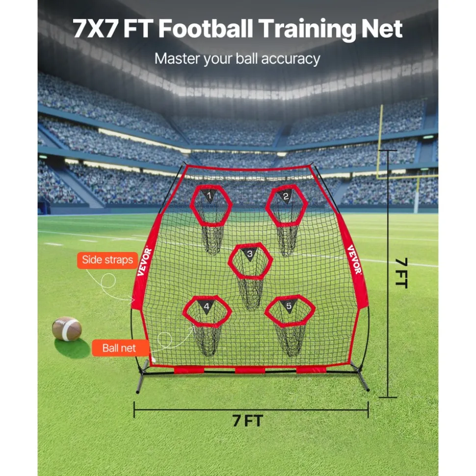 VEVOR 7 x 7 ft Football Trainer Throwing Net, Training Throwing Target Practice Net with 5 Target Pockets, Knotless Net Includes Straps and Portable Carry Case, Improve QB Throwing Accuracy, Red