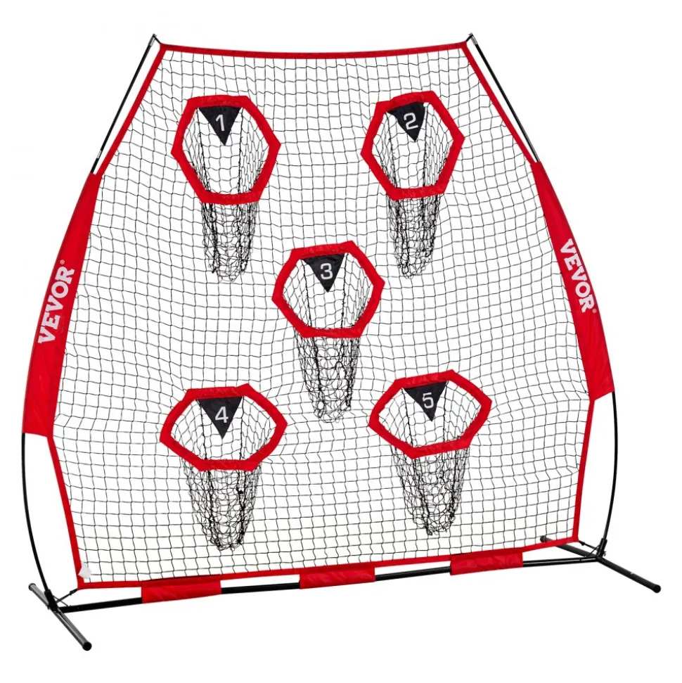 VEVOR 7 x 7 ft Football Trainer Throwing Net, Training Throwing Target Practice Net with 5 Target Pockets, Knotless Net Includes Straps and Portable Carry Case, Improve QB Throwing Accuracy, Red